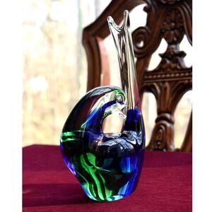 Hand Blown Art Glass Dove Figurine 8.5" Blue Green Heavy Murano Style Vintage
